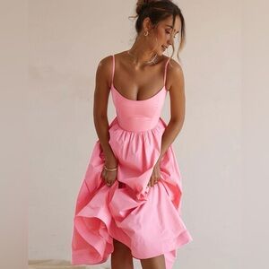 Pink babydoll dress | Spaghetti Strap Pleated Fit and Flare Midi Sundress